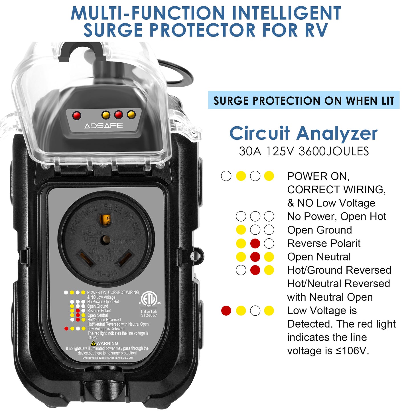 ADSAFE 30Amp 2.65LBs RV Surge Protector Smart Circuit Analyzer with Waterproof Cover-Black