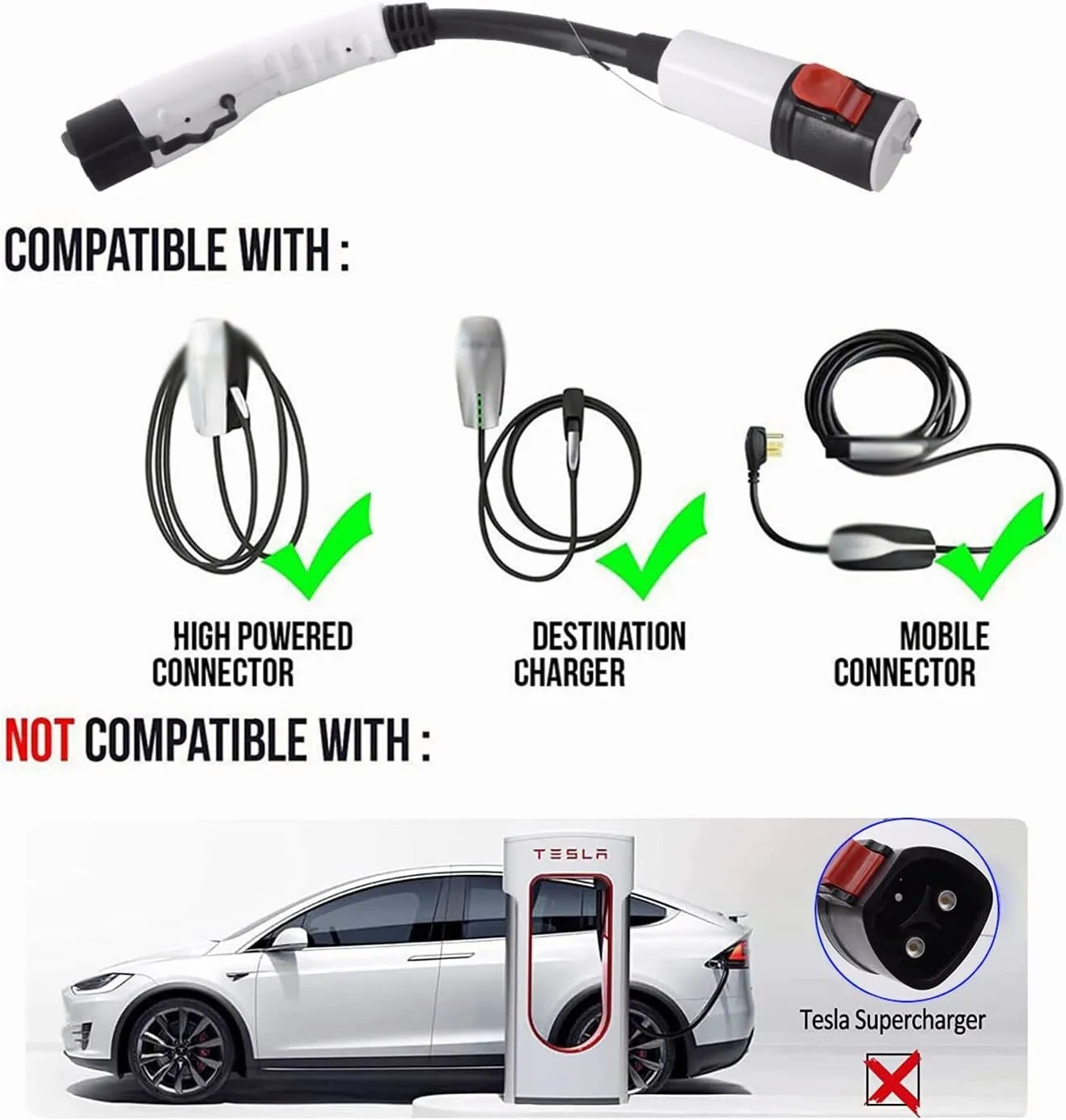 ADSAFE TESLA to J1772 Adapter Connector,Max 60Amp&250V,Electric Vehicle Fast Charger-White