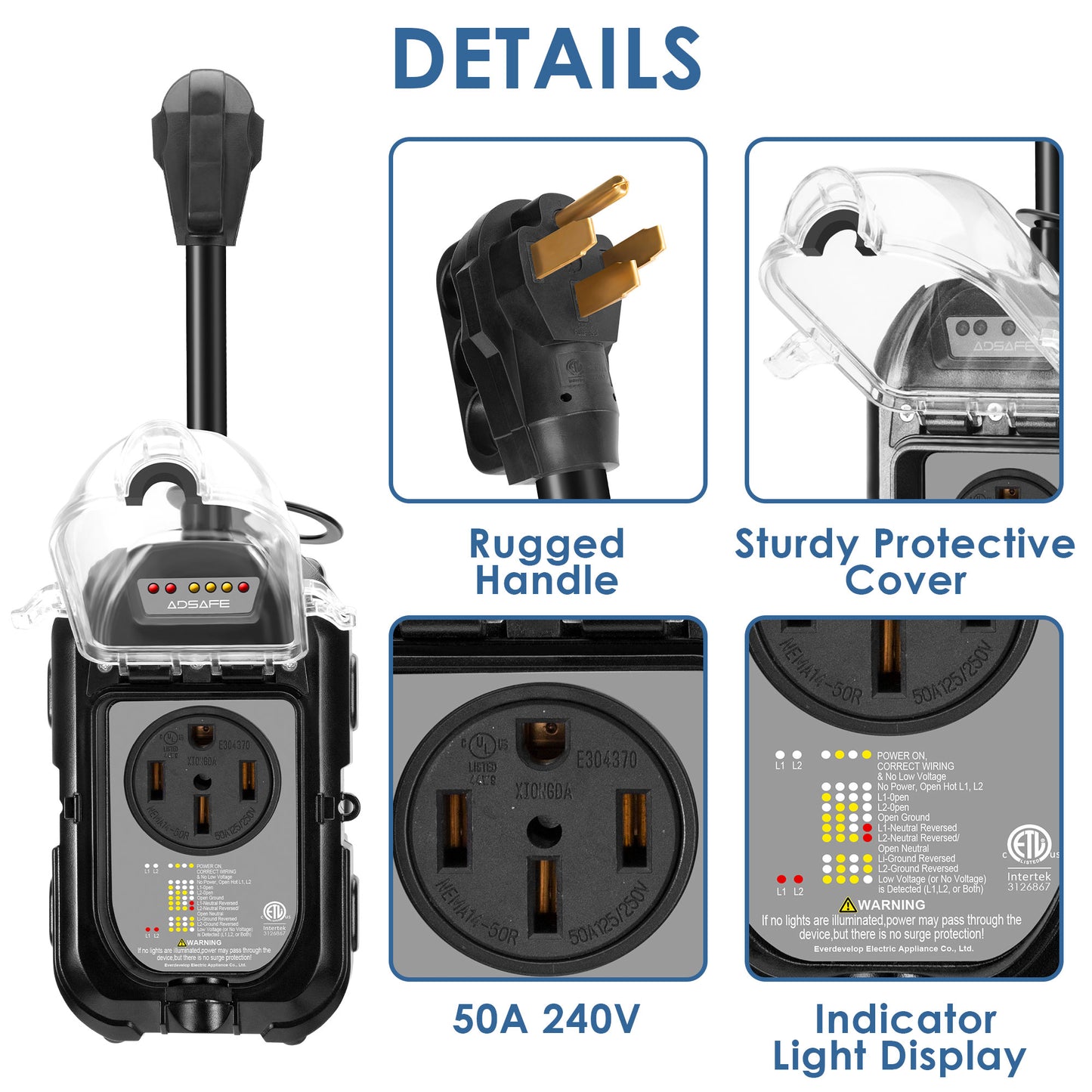 ADSAFE RV Surge Protector 50Amp Smart Circuit Analyzer with Waterproof Cover-Black