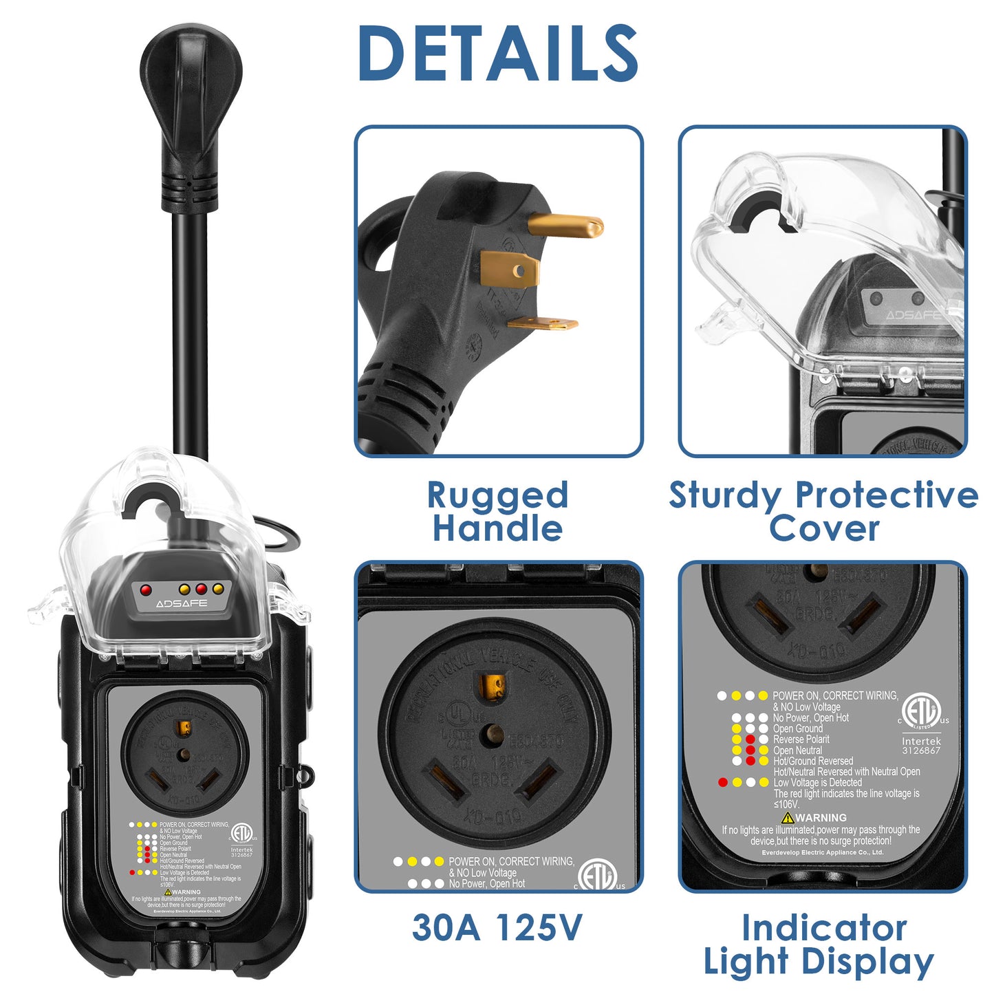 ADSAFE 30Amp 2.65LBs RV Surge Protector Smart Circuit Analyzer with Waterproof Cover-Black