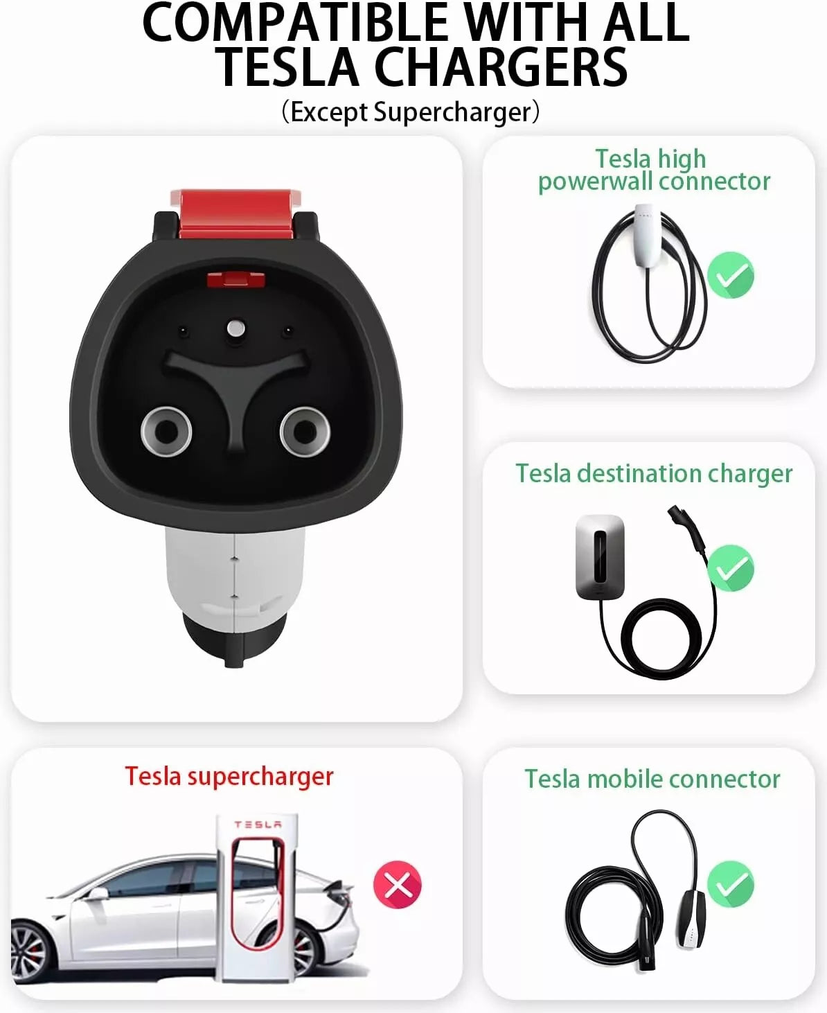 ADSAFE TESLA to J1772 Adapter Connector,Max 60Amp&250V,Electric Vehicle Fast Charger-White