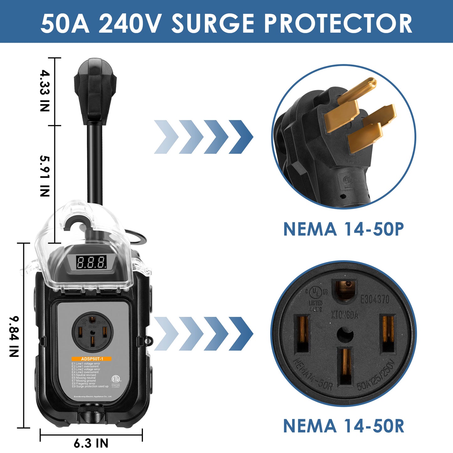 ADSAFE 50A 120V/240V Smart RV Surge Protector with Lexan Housing,Protect Your RV,Black